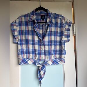 GAP Tie-Front Plaid Crop Shirt in Blue and White with Red Accents